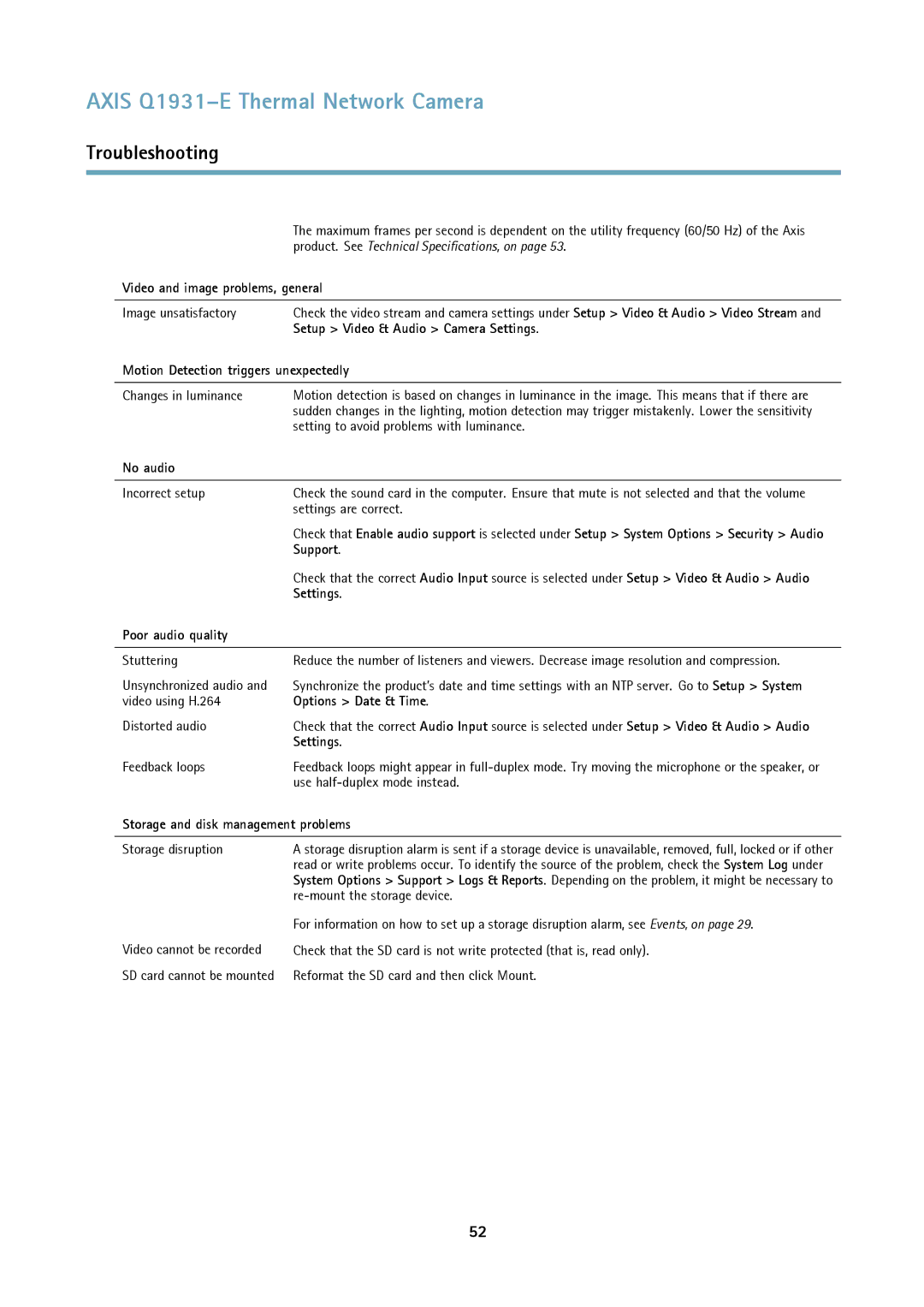 Axis Communications thermal network camera Video and image problems, general, Setup Video & Audio Camera Settings 