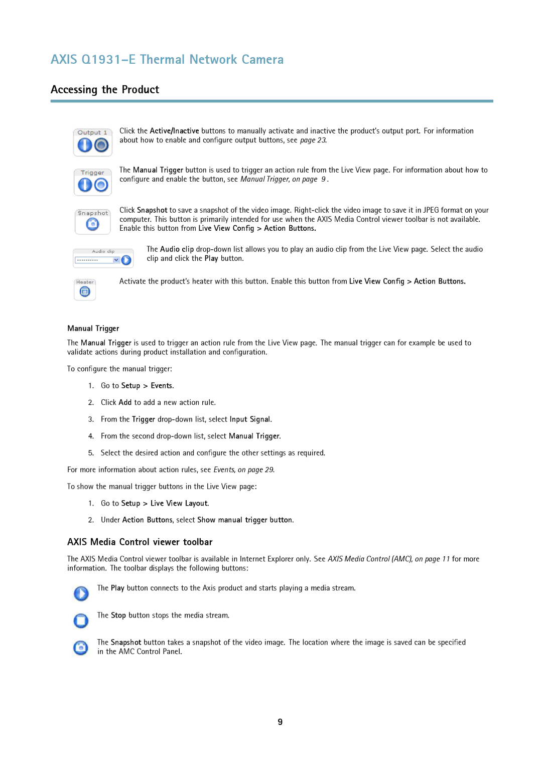 Axis Communications thermal network camera Axis Media Control viewer toolbar, Manual Trigger, Go to Setup Events 