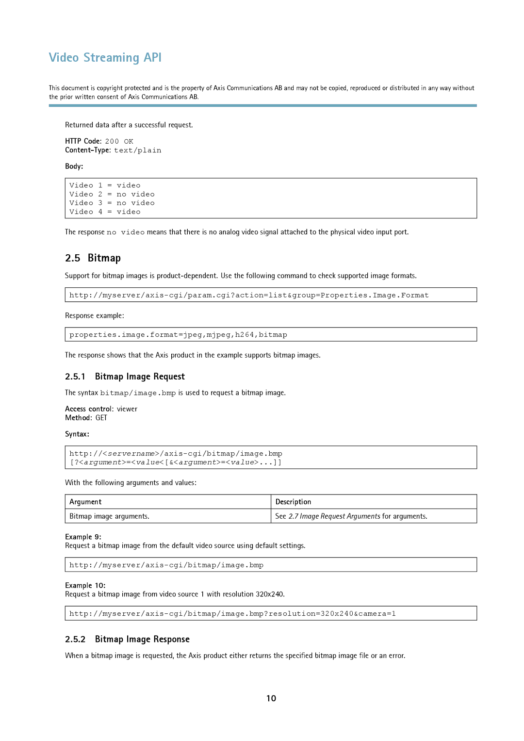 Axis Communications Version 3 manual Bitmap Image Request, Bitmap Image Response, Argument Description 