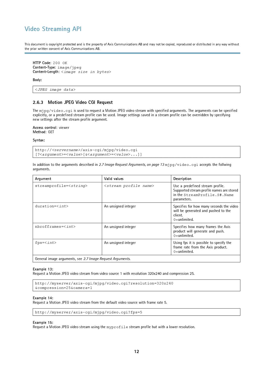 Axis Communications Version 3 manual Motion Jpeg Video CGI Request, Http Code 200 OK Content-Typeimage/jpeg 