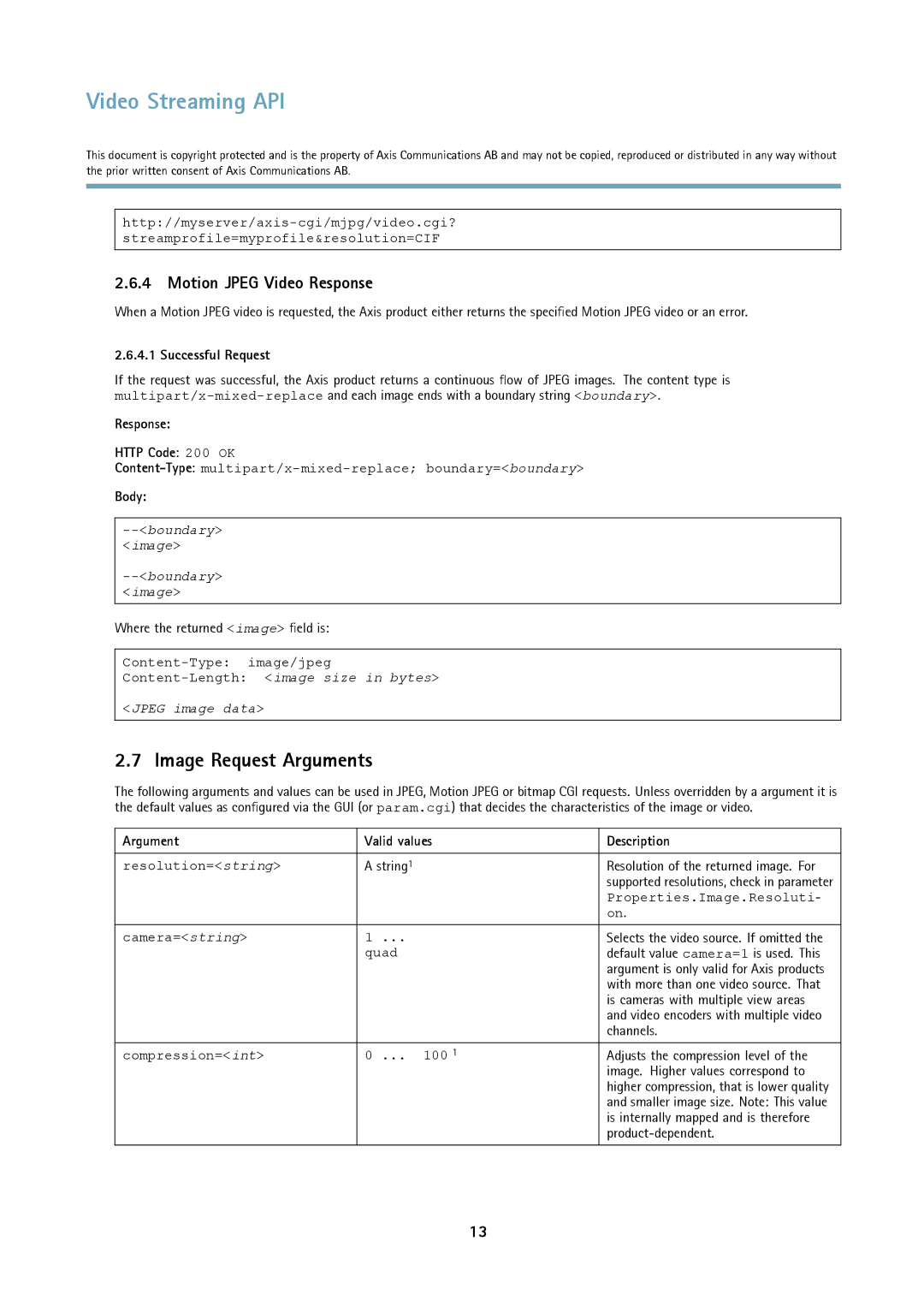 Axis Communications Version 3 manual Image Request Arguments, Motion Jpeg Video Response, Response Http Code 200 OK 