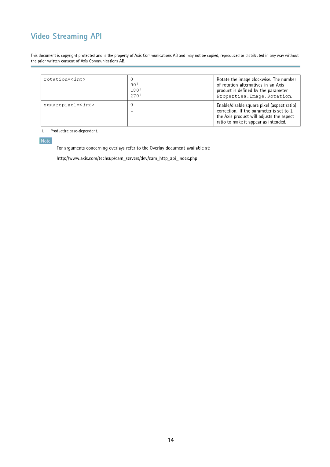 Axis Communications Version 3 manual Rotation= int, 180, Properties.Image.Rotation Squarepixel= int 