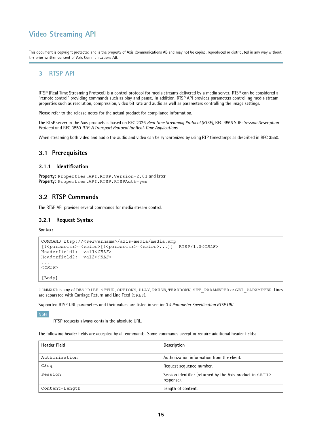 Axis Communications Version 3 manual Rtsp Commands, Request Syntax, Header Field Description 