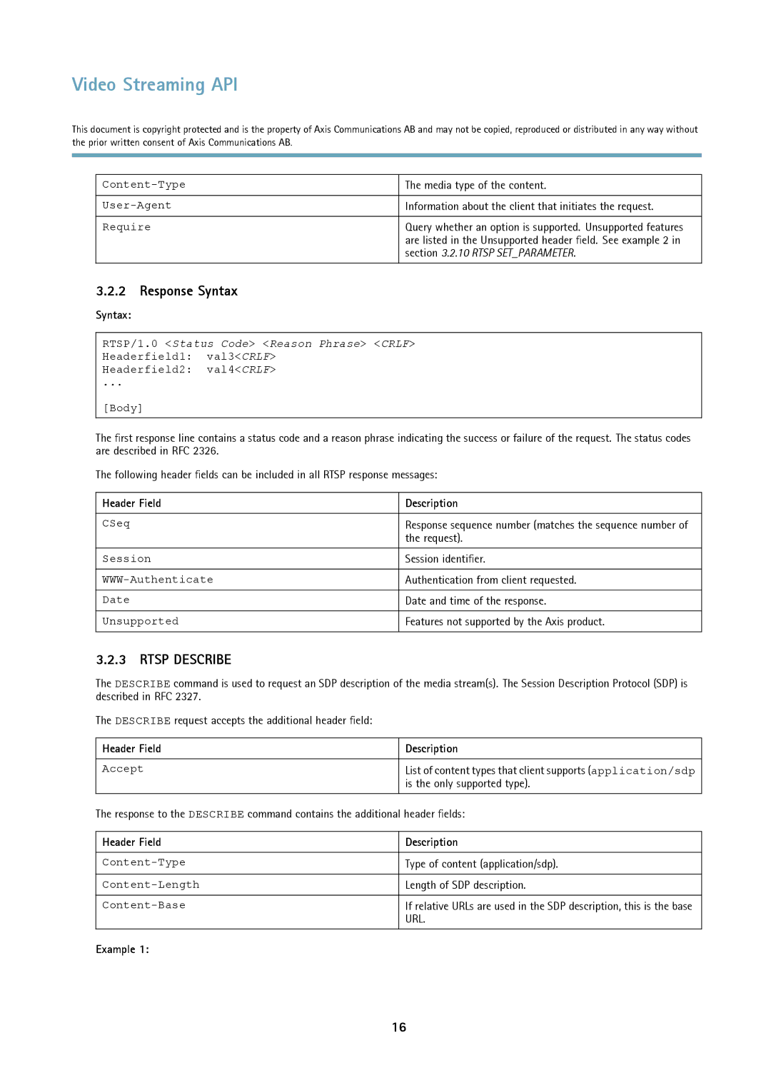 Axis Communications Version 3 manual Response Syntax, Rtsp Describe, Header Field, Type of content application/sdp 