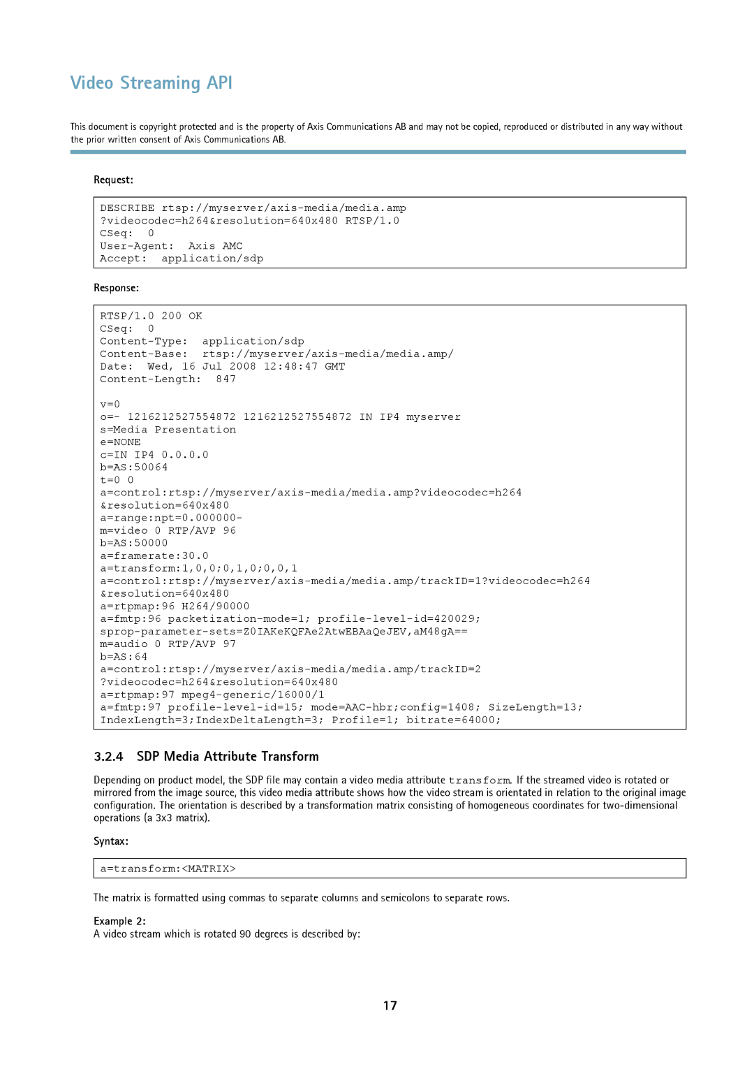 Axis Communications Version 3 manual SDP Media Attribute Transform, =transformMATRIX 