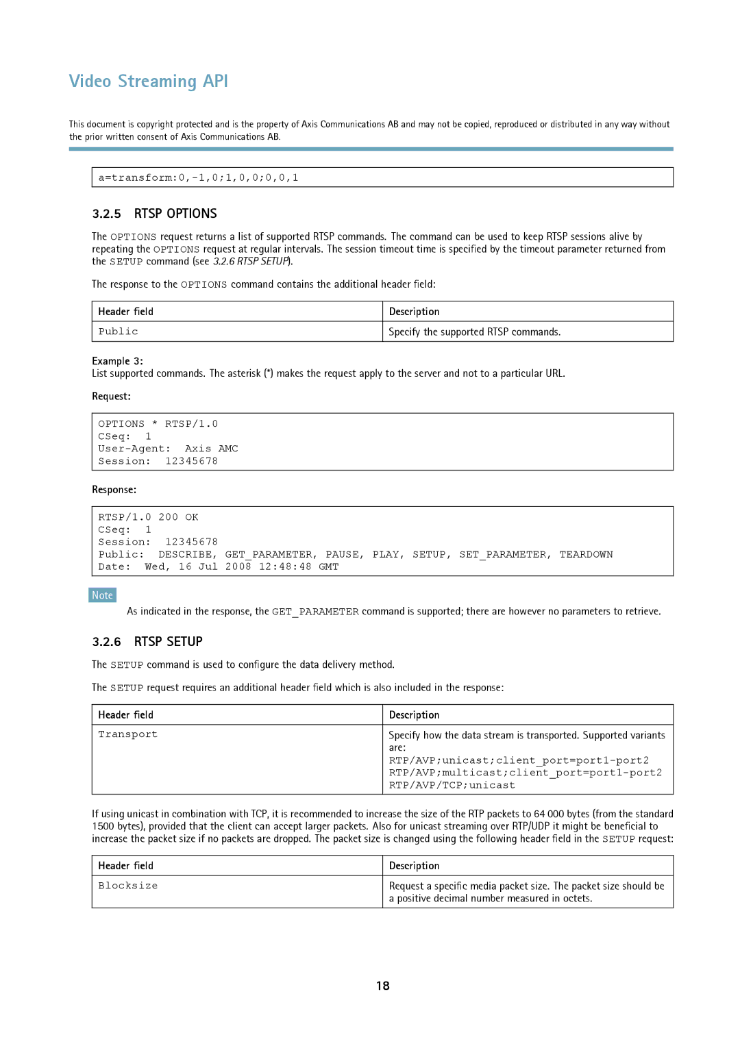 Axis Communications Version 3 manual Rtsp Options, Rtsp Setup 