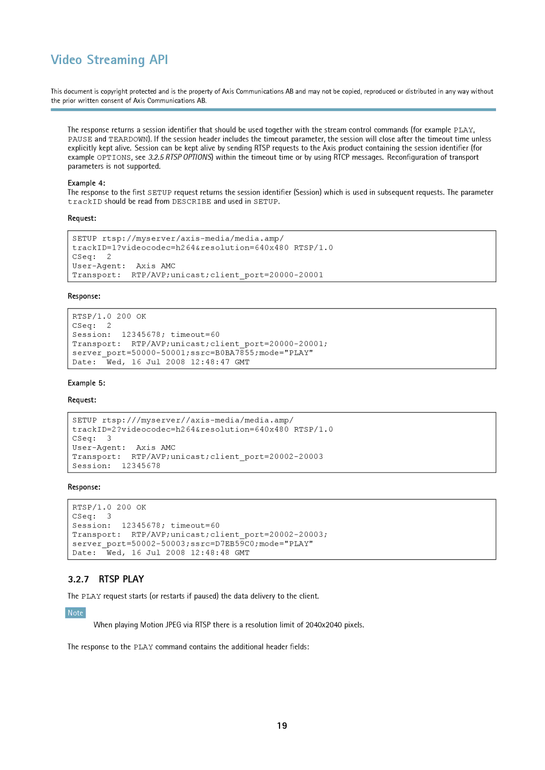 Axis Communications Version 3 manual Rtsp Play, Example Request 