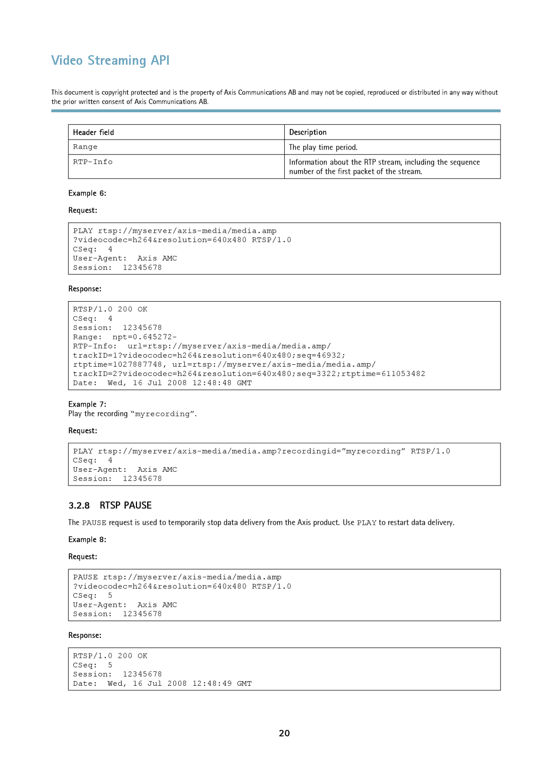 Axis Communications Version 3 manual Rtsp Pause, Range RTP-Info, Example Request Description 