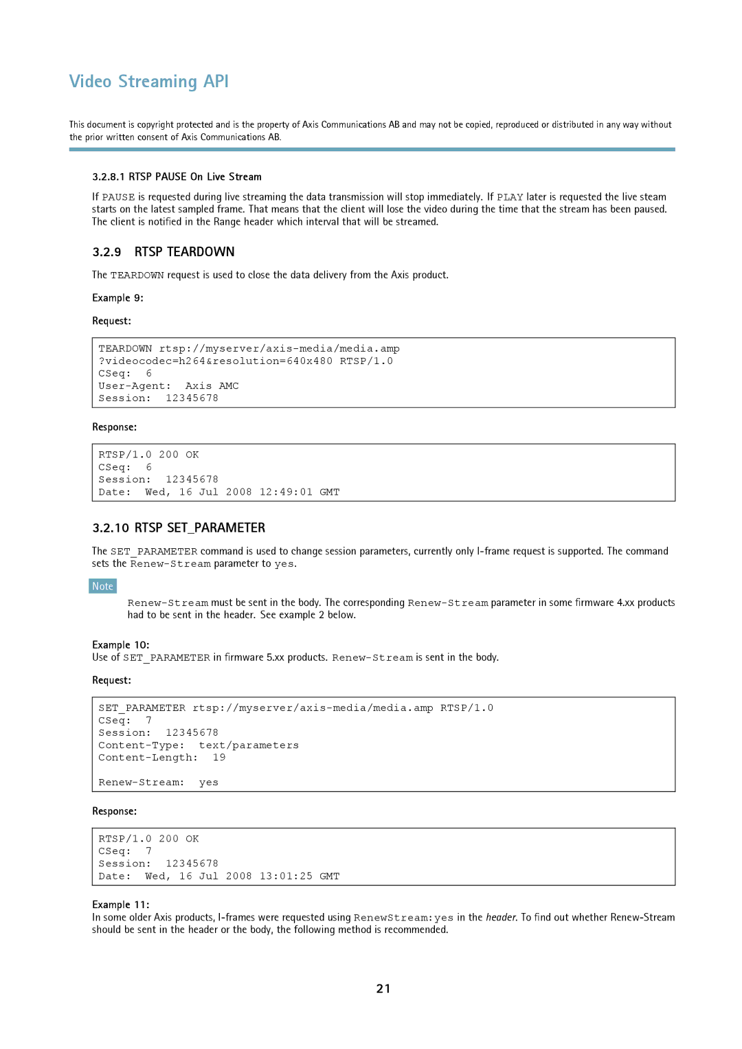 Axis Communications Version 3 manual Rtsp Teardown, Rtsp Setparameter, Rtsp Pause On Live Stream 