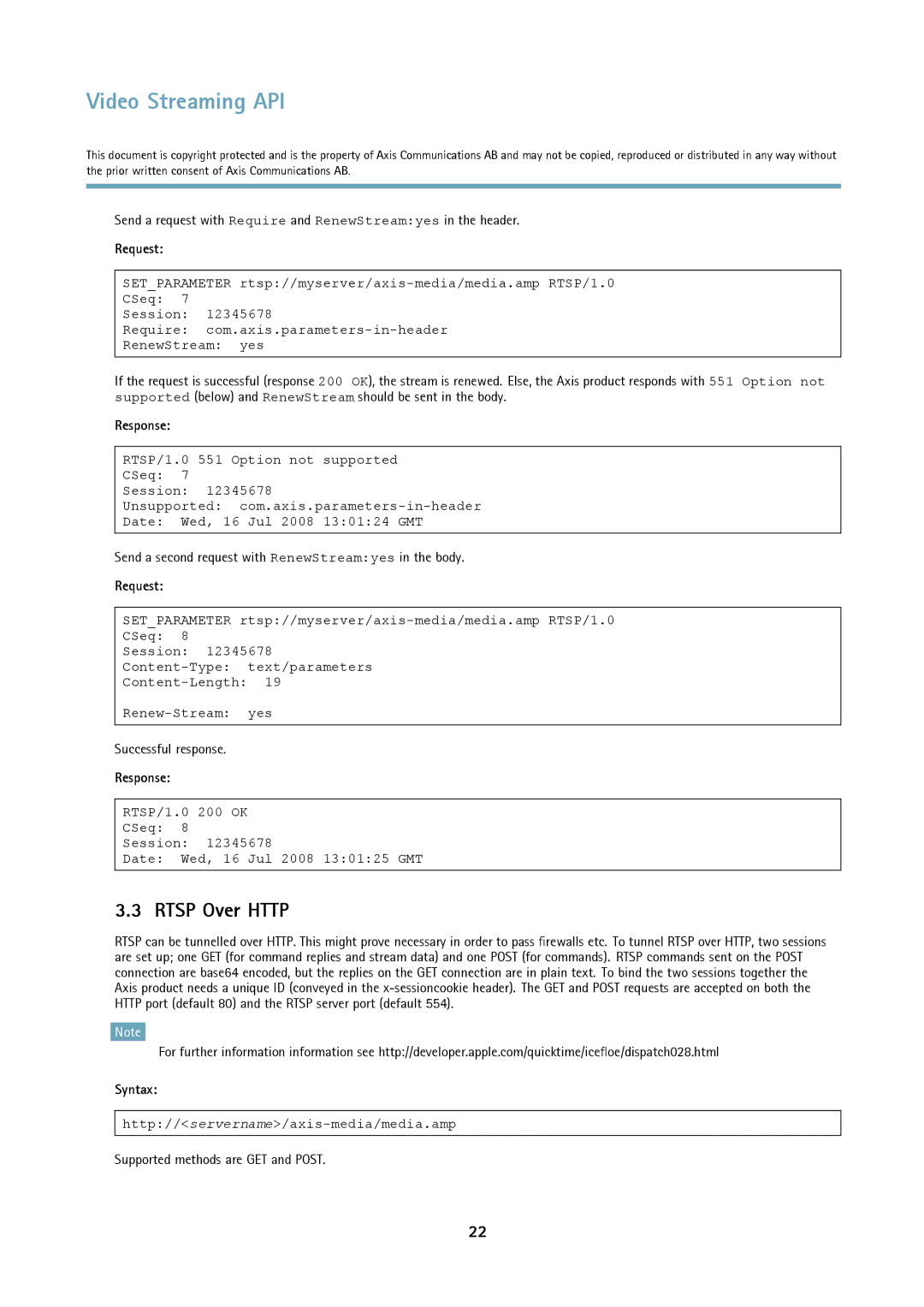 Axis Communications Version 3 manual Rtsp Over Http, Http//servername/axis-media/media.amp 