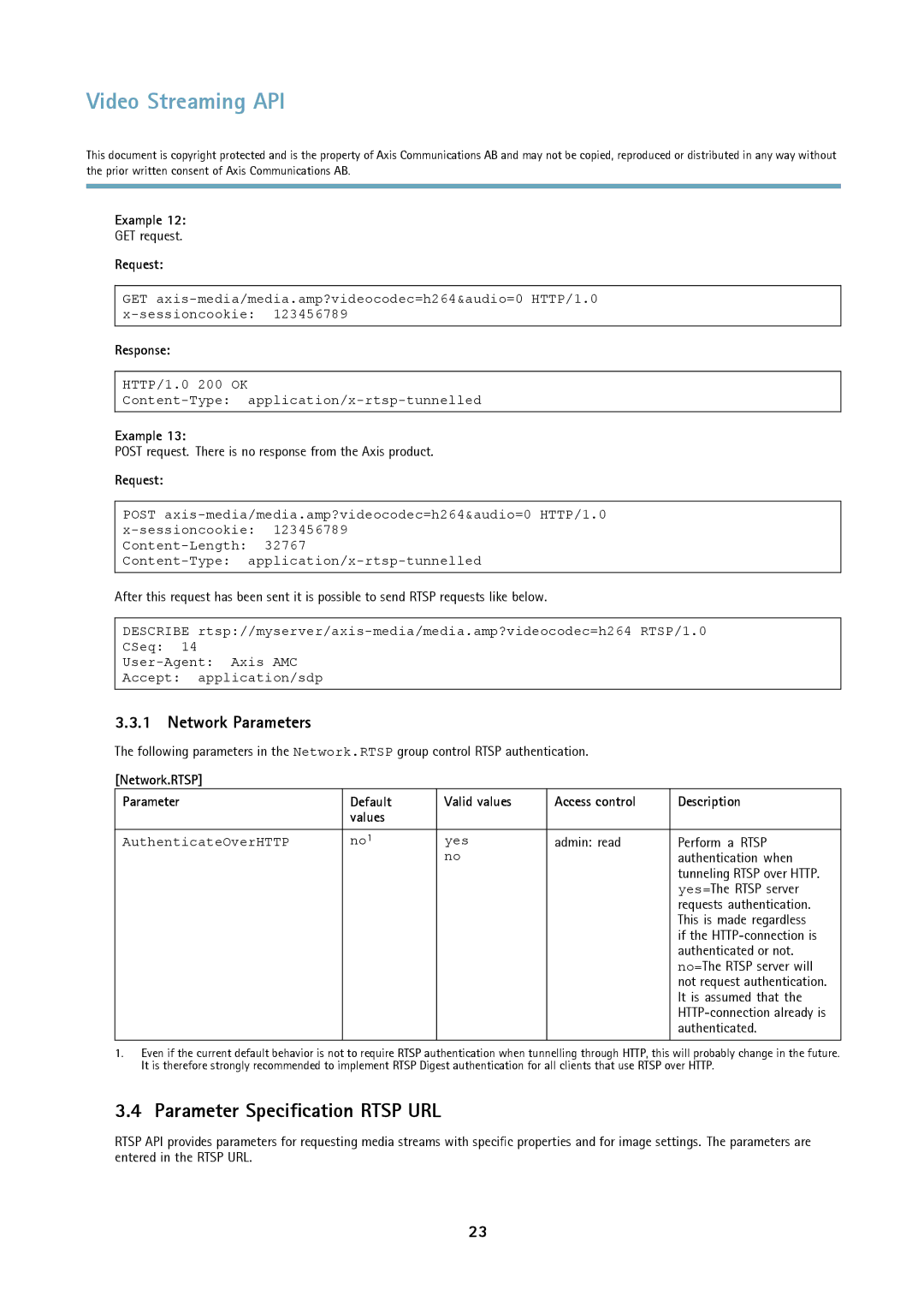 Axis Communications Version 3 manual Parameter Specification Rtsp URL, Network Parameters, AuthenticateOverHTTP Yes 