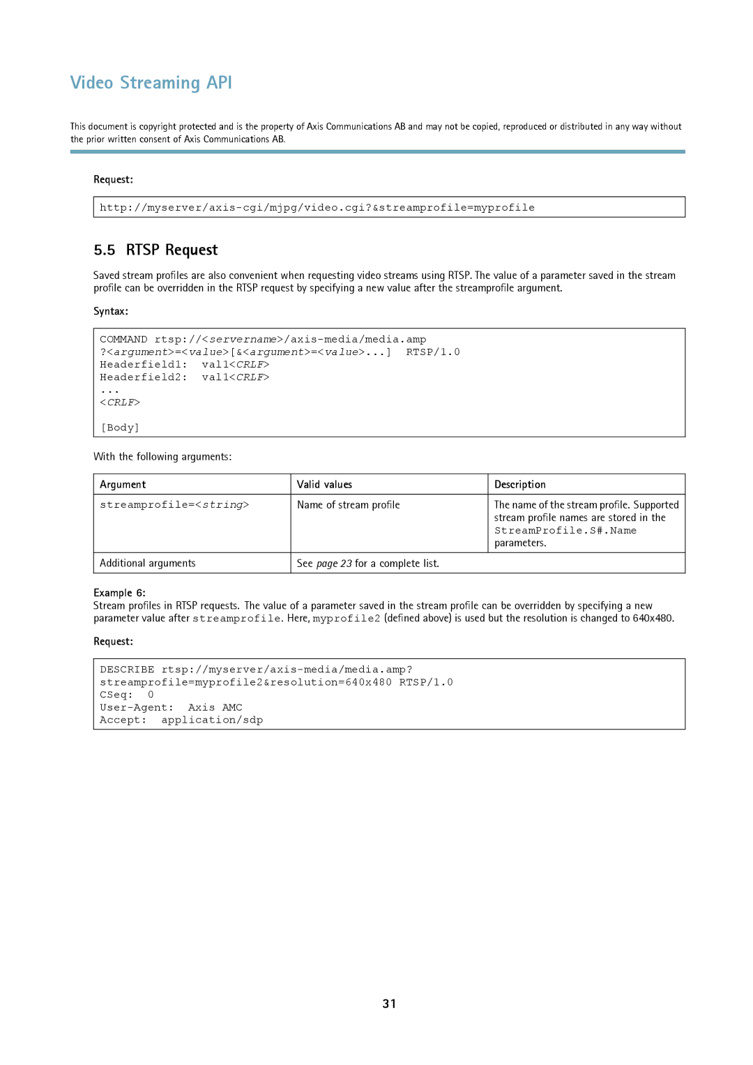 Axis Communications Version 3 manual Rtsp Request, Body 