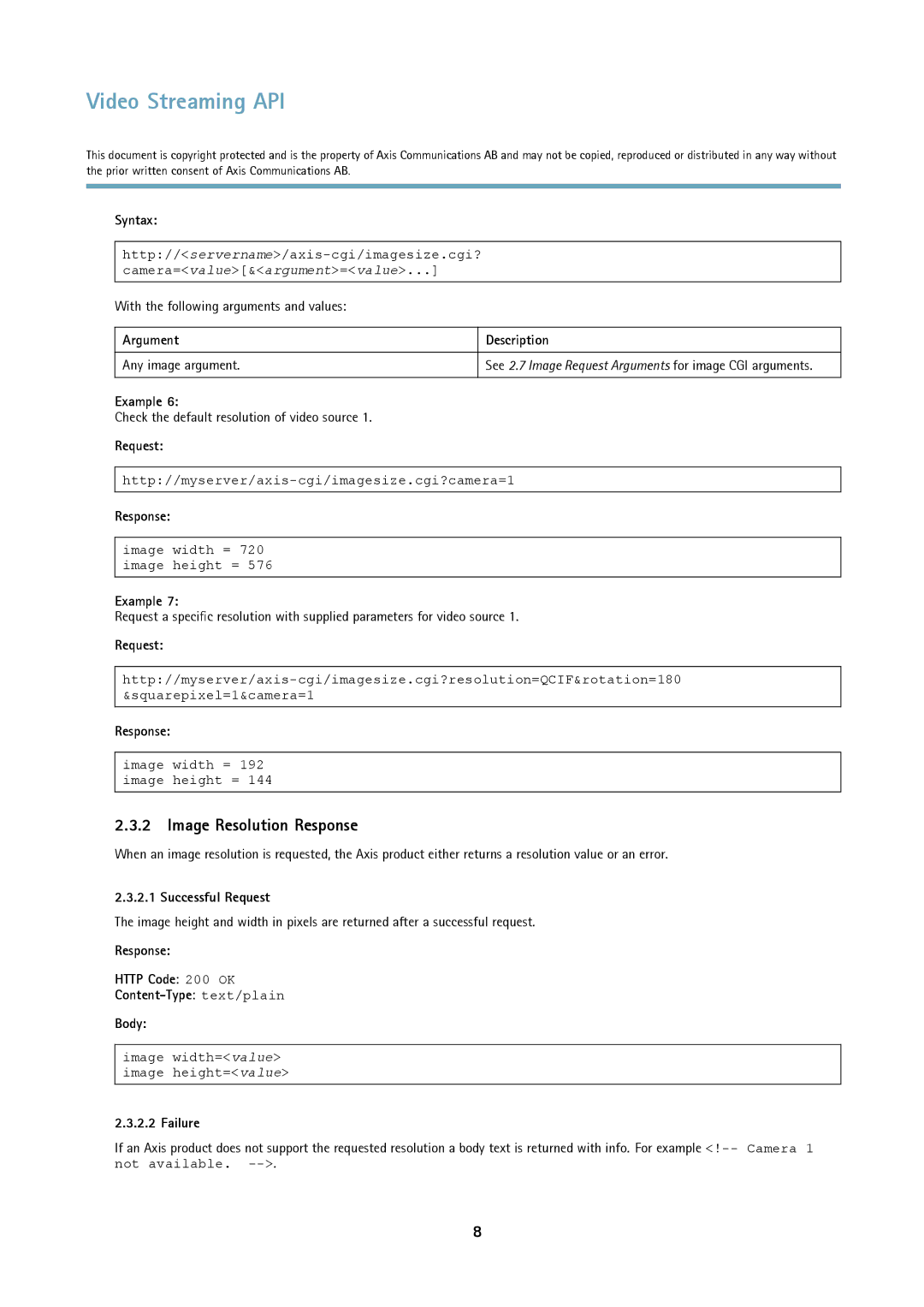 Axis Communications Version 3 manual Image Resolution Response 