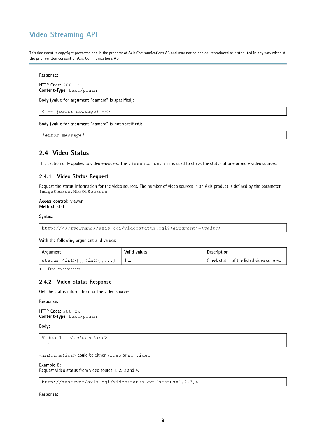 Axis Communications Version 3 manual Video Status Request, Video Status Response 