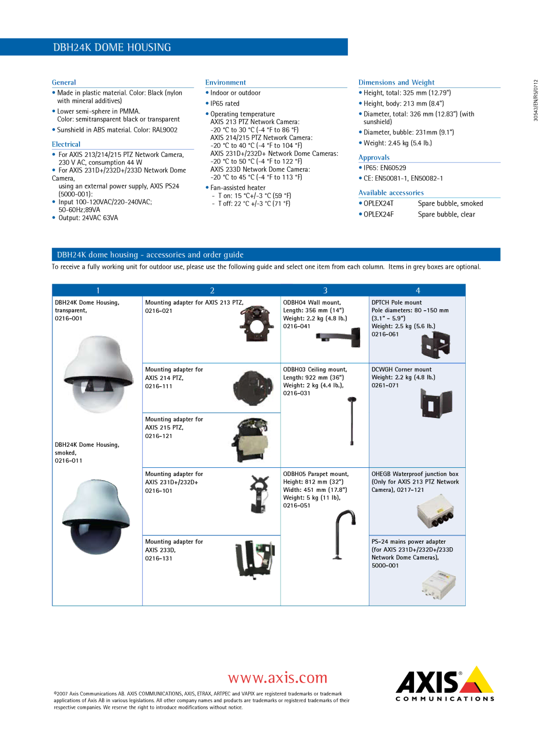 Axis Communications VT DBH24K General, Electrical, Environment, Dimensions and Weight, Approvals, Available accessories 