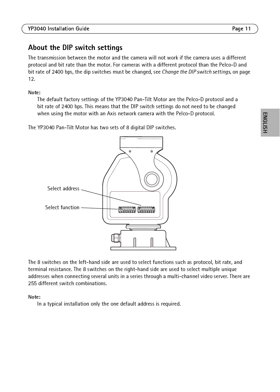 Axis Communications YP3040 manual About the DIP switch settings 