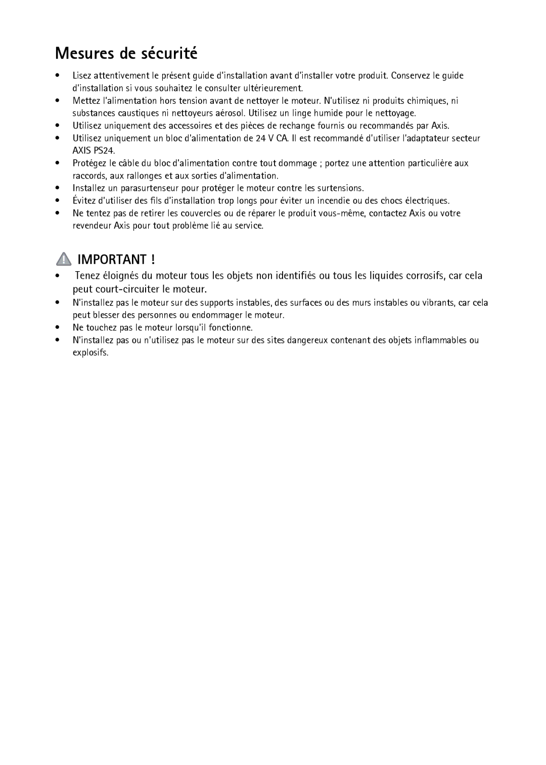 Axis Communications YP3040 manual Mesures de sécurité 