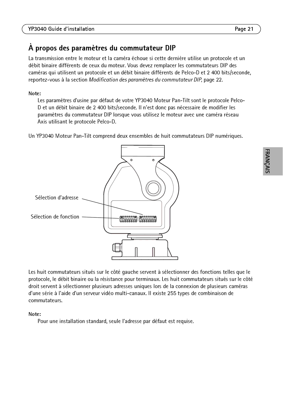 Axis Communications YP3040 manual Propos des paramètres du commutateur DIP 