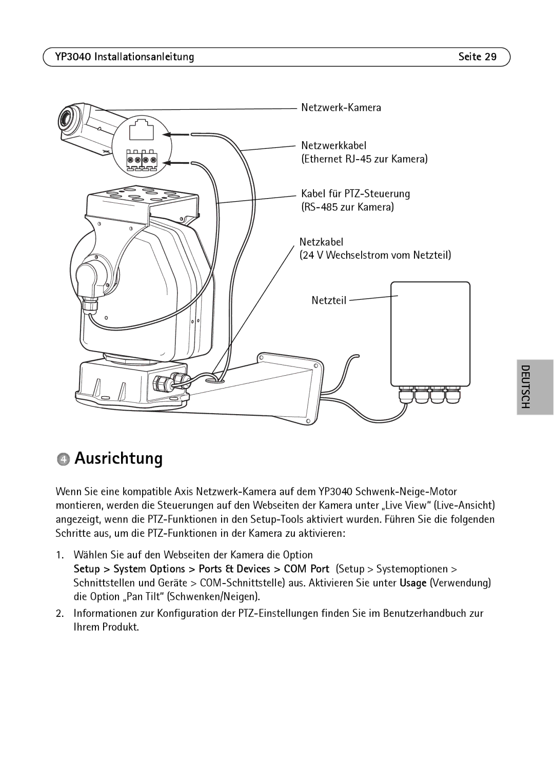 Axis Communications YP3040 manual Ausrichtung 