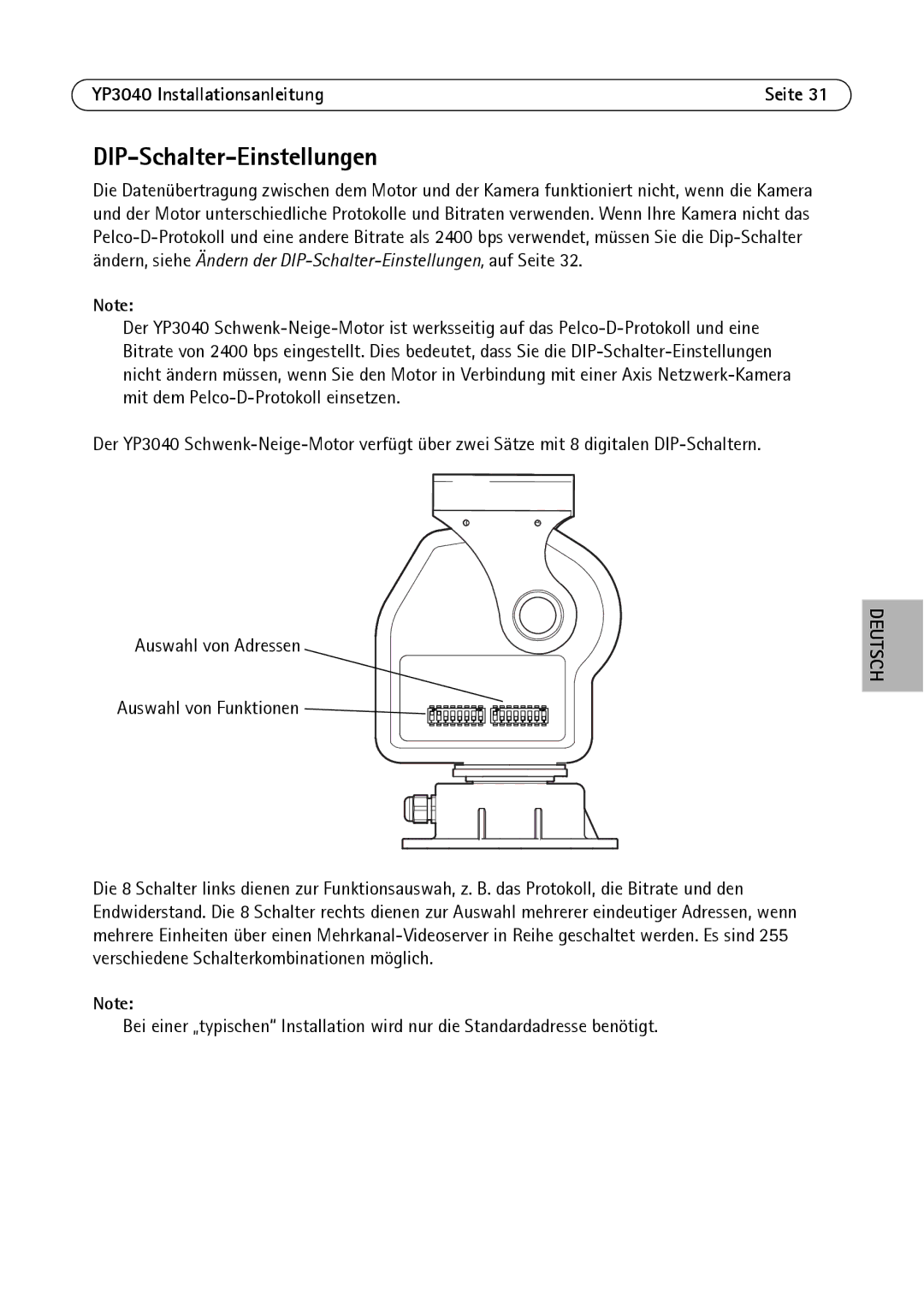 Axis Communications YP3040 manual DIP-Schalter-Einstellungen 