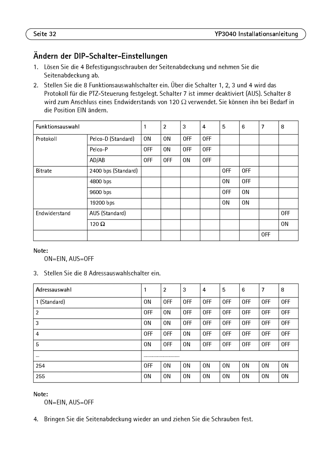 Axis Communications YP3040 manual Ändern der DIP-Schalter-Einstellungen, Adressauswahl 