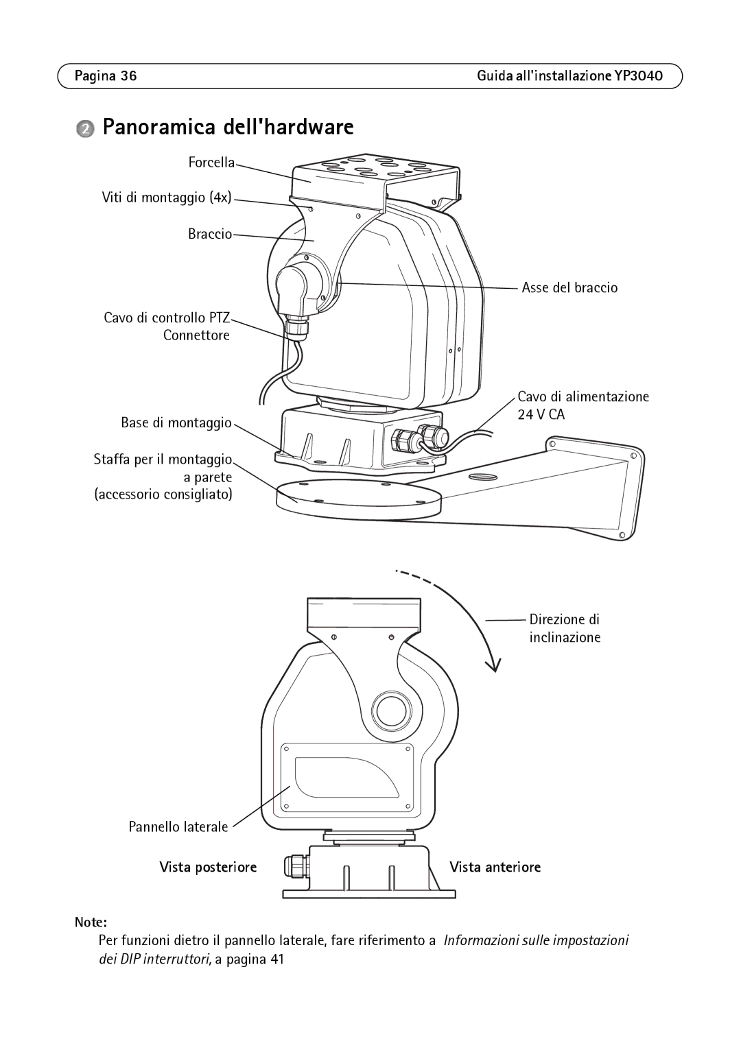 Axis Communications YP3040 manual Panoramica dellhardware, Pagina, Vista posteriore Vista anteriore 