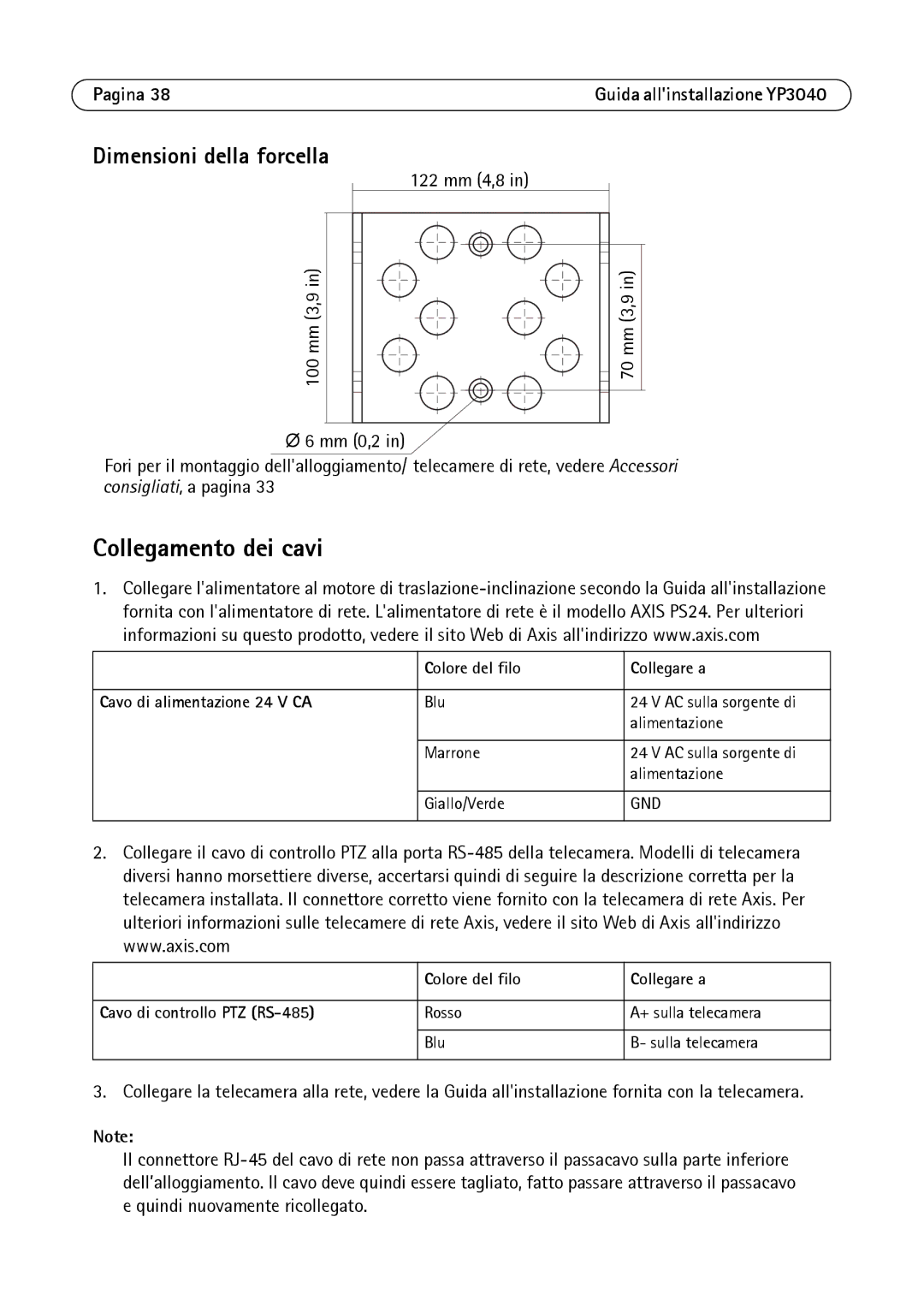 Axis Communications YP3040 manual Collegamento dei cavi, Dimensioni della forcella 