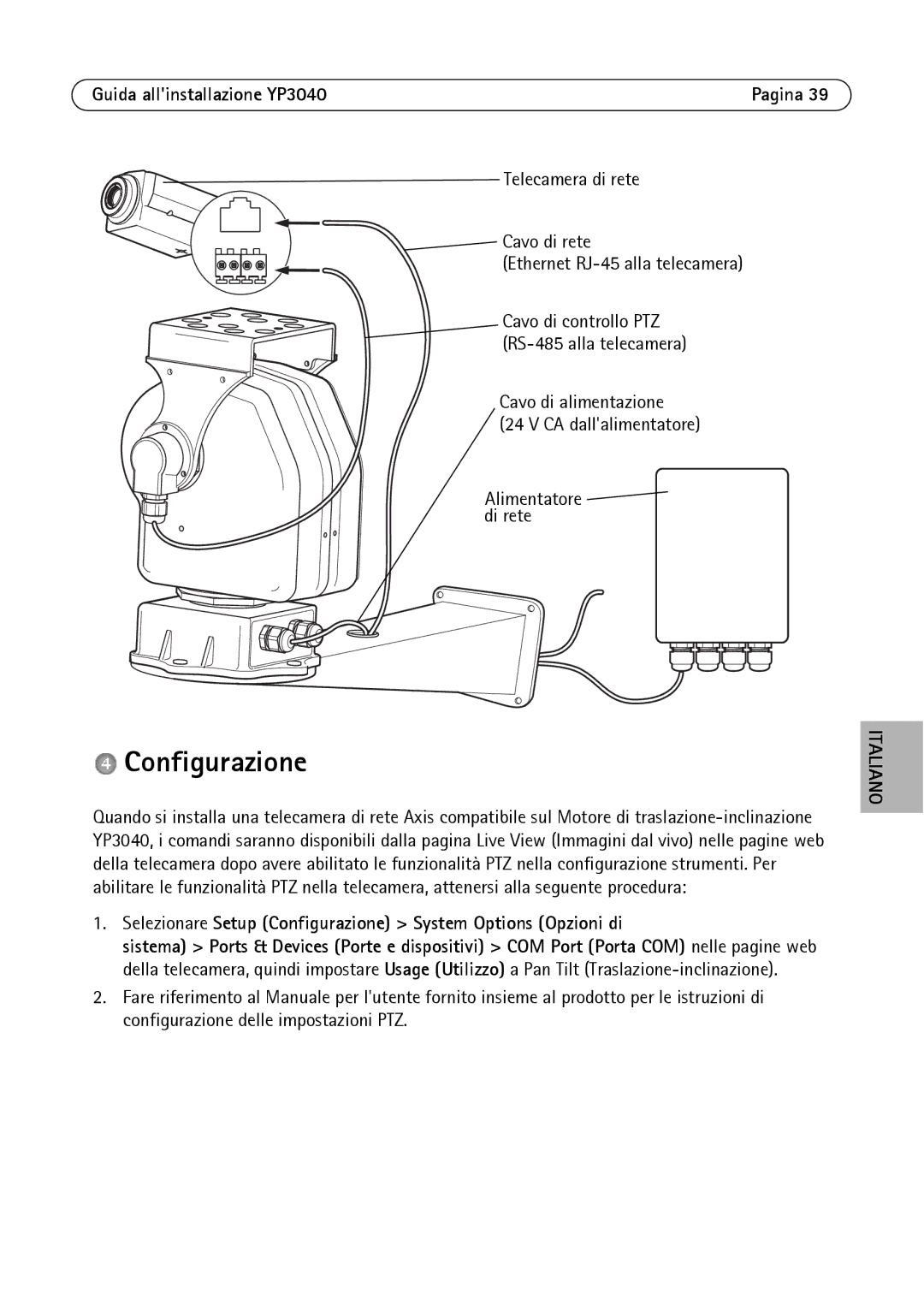 Axis Communications YP3040 manual Selezionare Setup Configurazione System Options Opzioni di 