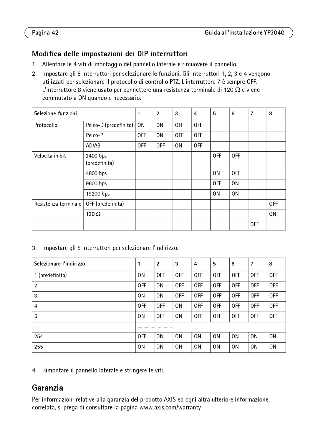 Axis Communications YP3040 manual Garanzia, Modifica delle impostazioni dei DIP interruttori, Selezionare lindirizzo 