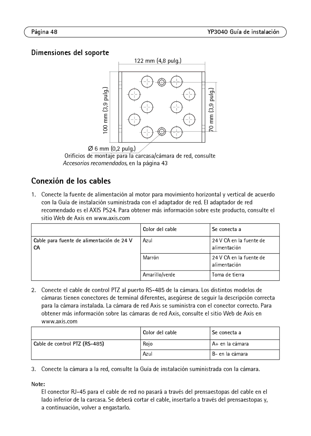 Axis Communications YP3040 manual Conexión de los cables, Dimensiones del soporte, Color del cable Se conecta a 