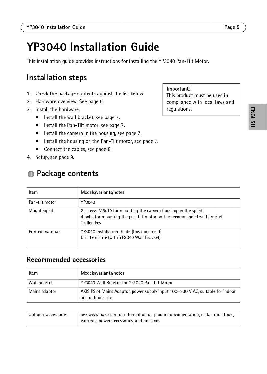 Axis Communications YP3040 manual Installation steps, Package contents 