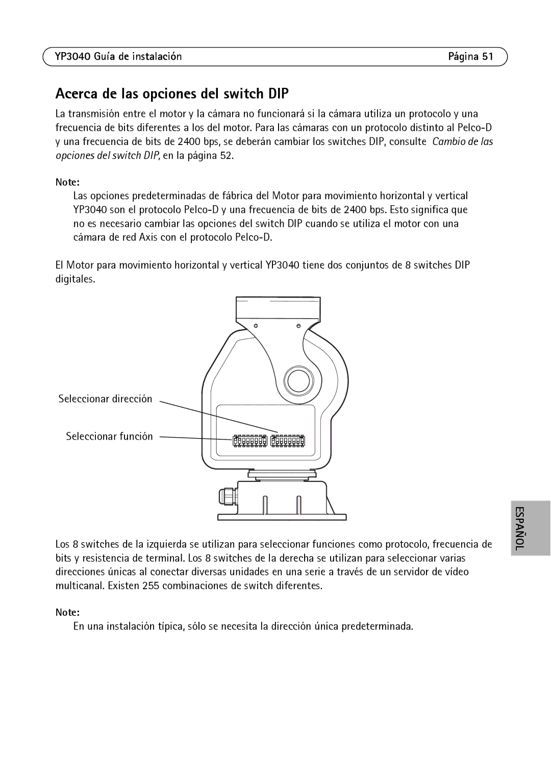 Axis Communications YP3040 manual Acerca de las opciones del switch DIP 