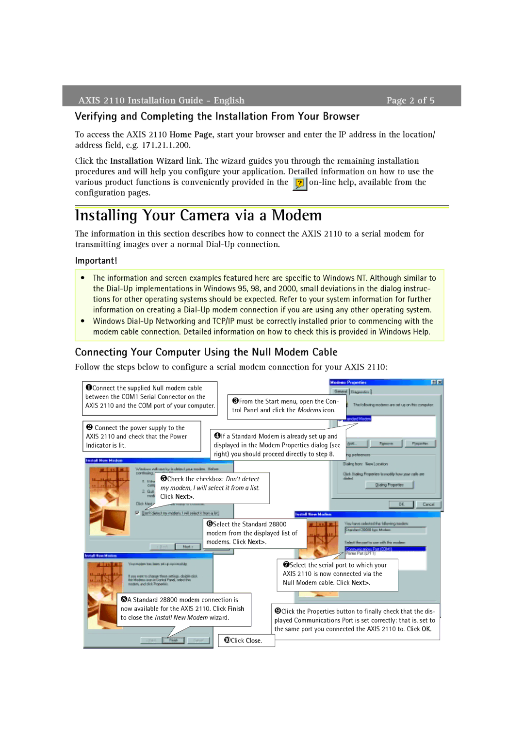 axis international marketing 2110 Installing Your Camera via a Modem, Connecting Your Computer Using the Null Modem Cable 