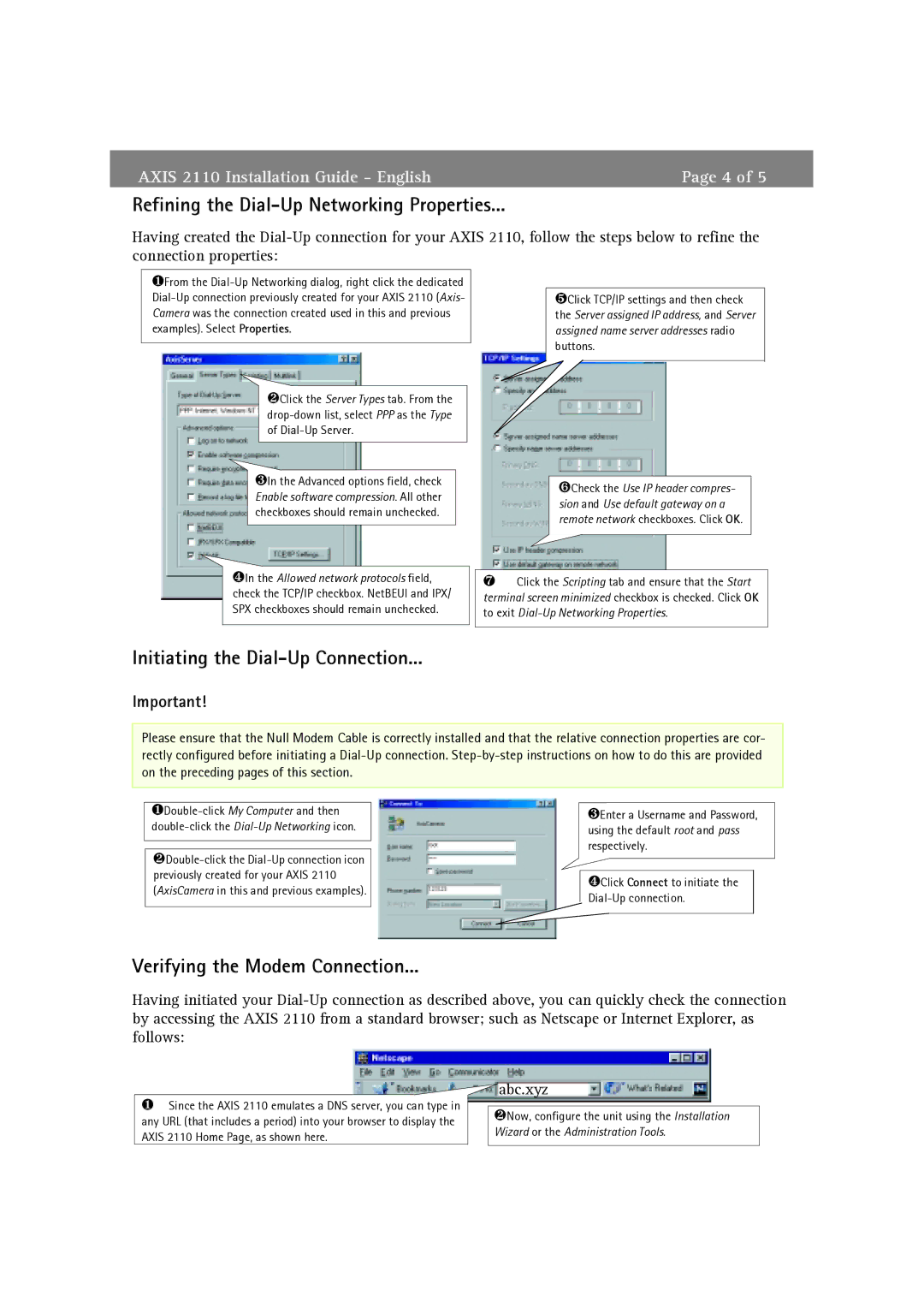 axis international marketing 2110 manual Refining the Dial-Up Networking Properties, Initiating the Dial-Up Connection 