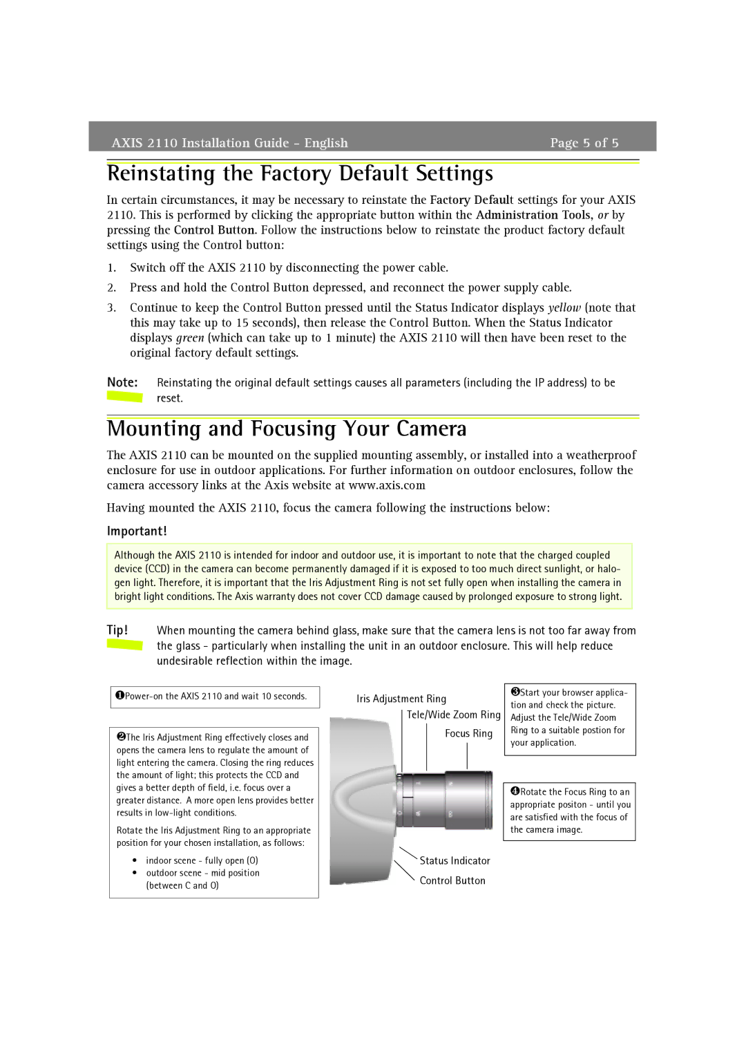 axis international marketing 2110 manual Reinstating the Factory Default Settings, Mounting and Focusing Your Camera 