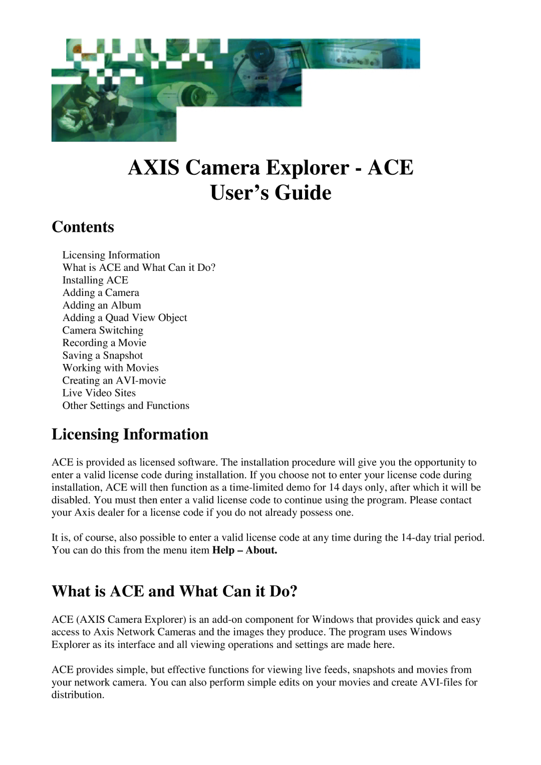 axis international marketing manual Contents, Licensing Information, What is ACE and What Can it Do? 