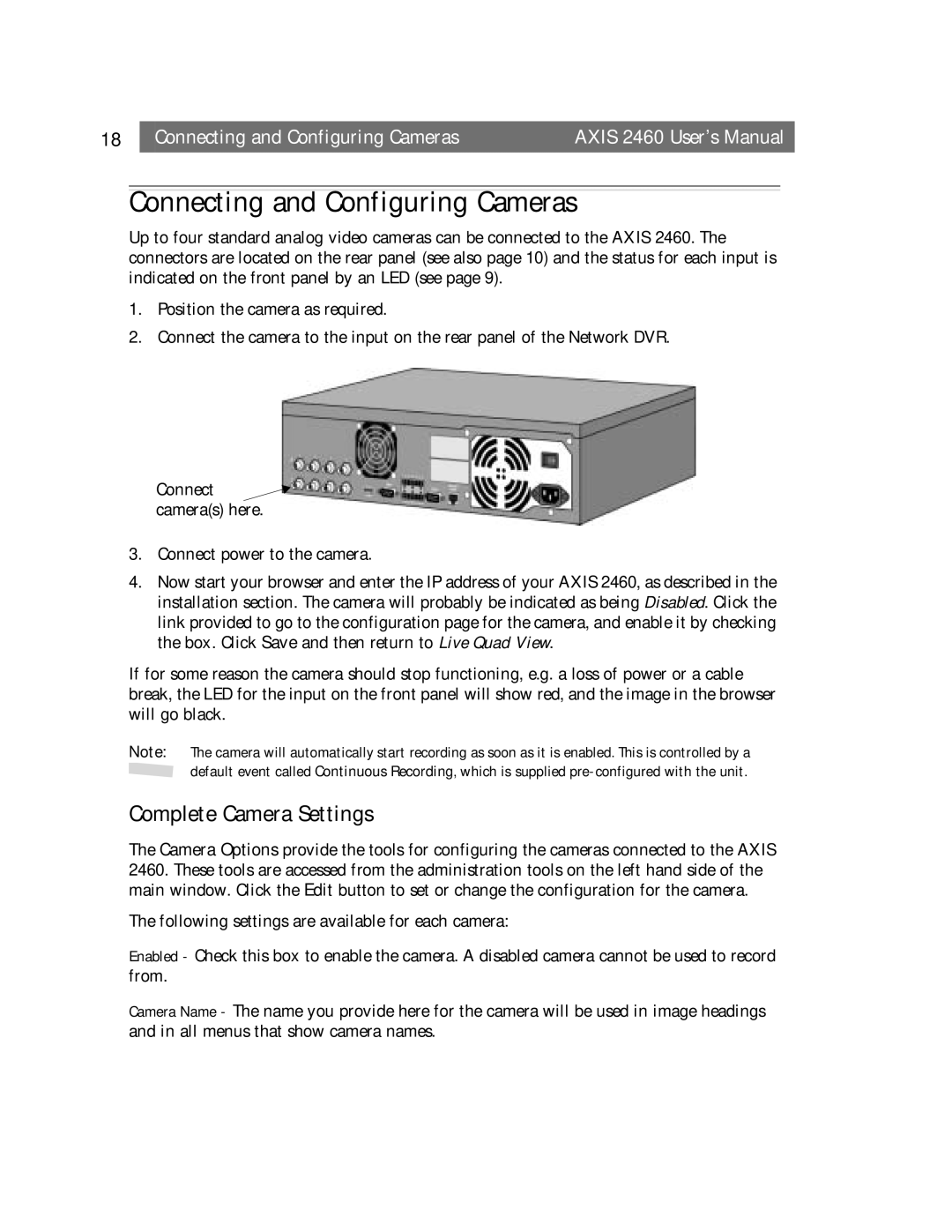 Axisoft Tech 2460 manual Connecting and Configuring Cameras, Complete Camera Settings 