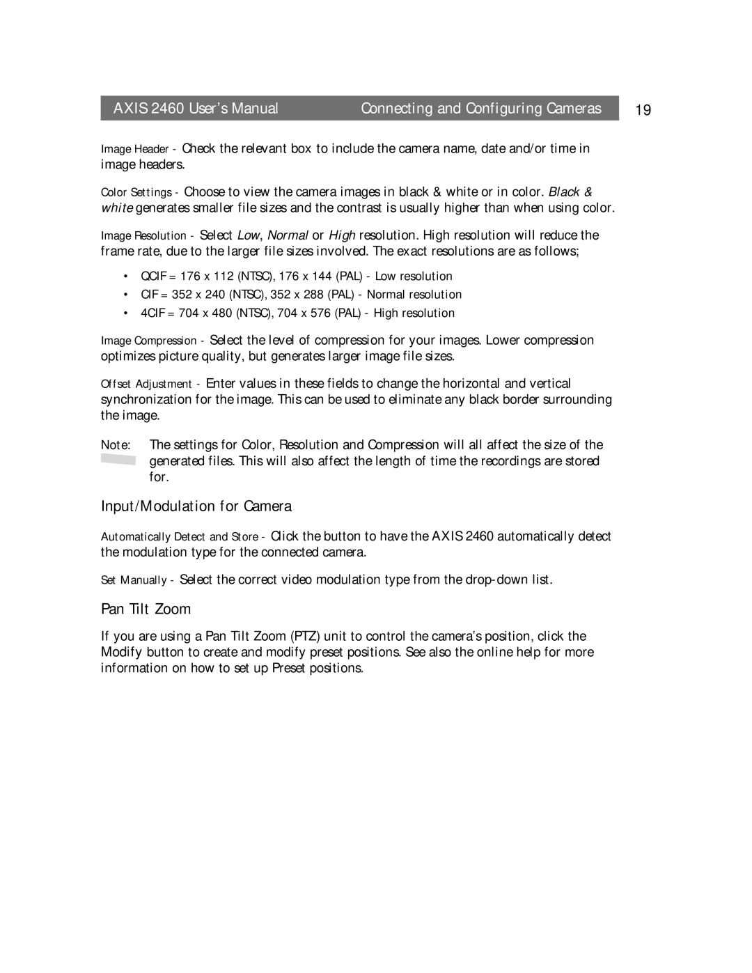 Axisoft Tech 2460 manual Input/Modulation for Camera, Pan Tilt Zoom 