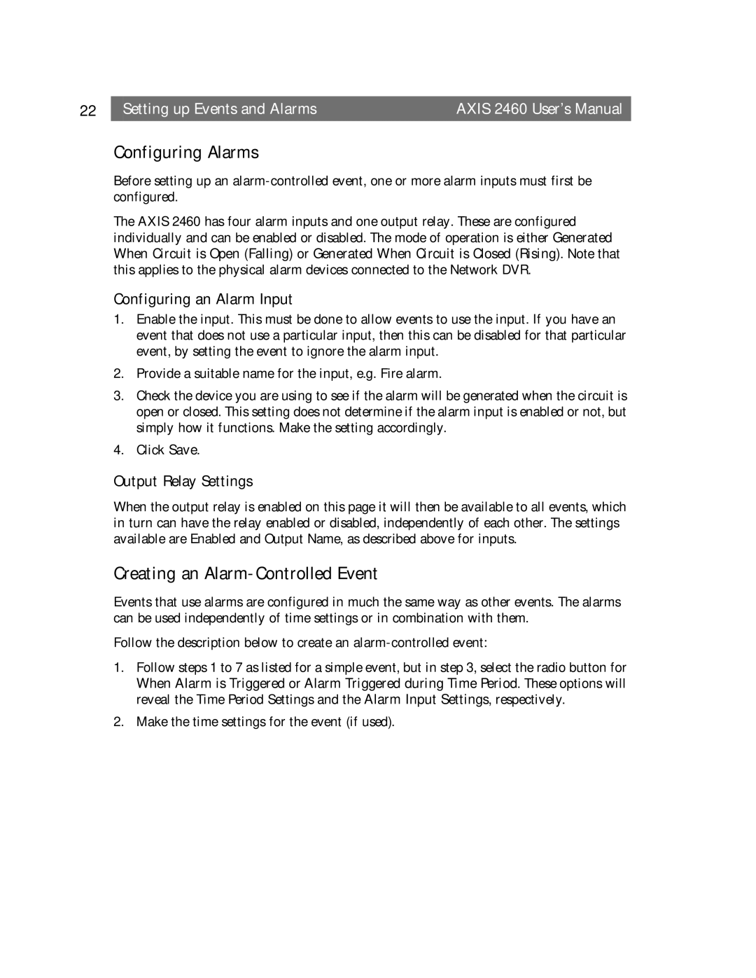 Axisoft Tech 2460 manual Configuring Alarms, Creating an Alarm-Controlled Event, Configuring an Alarm Input 