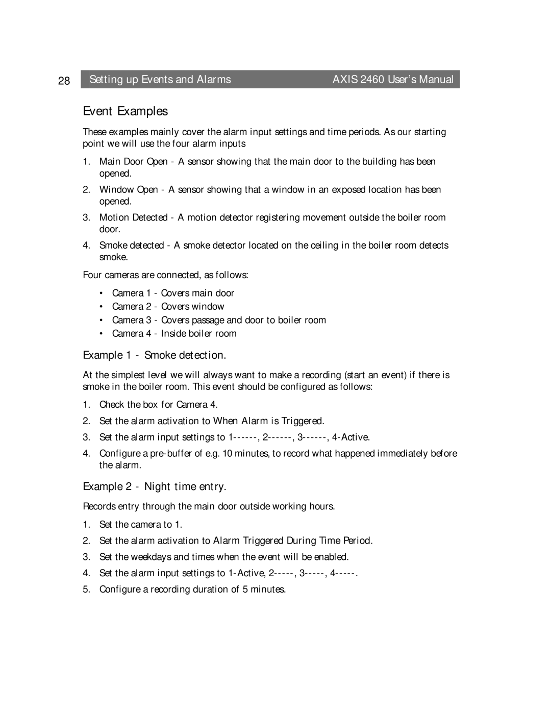 Axisoft Tech 2460 manual Event Examples, Example 1 Smoke detection, Example 2 Night time entry 