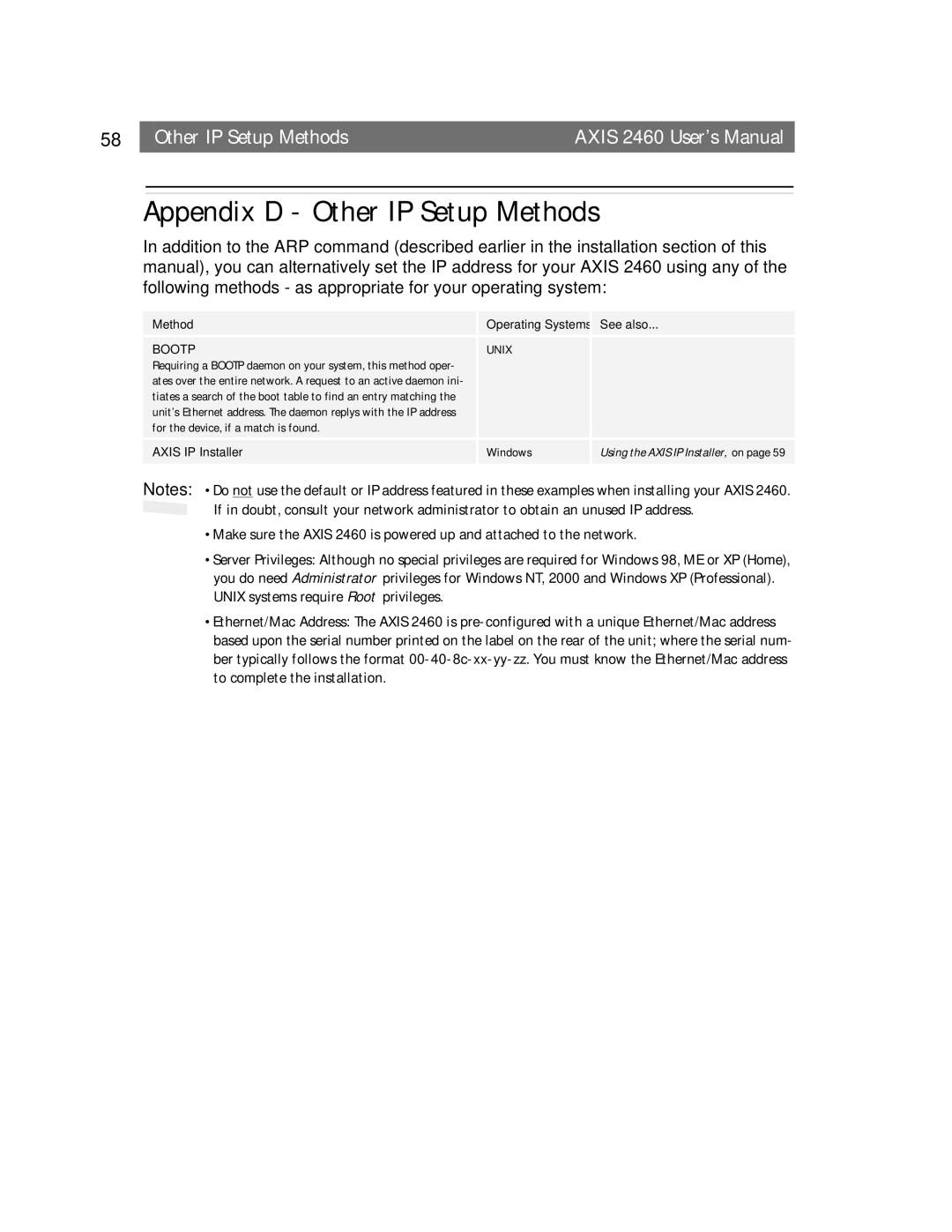 Axisoft Tech manual Appendix D Other IP Setup Methods, Other IP Setup Methods Axis 2460 User’s Manual 