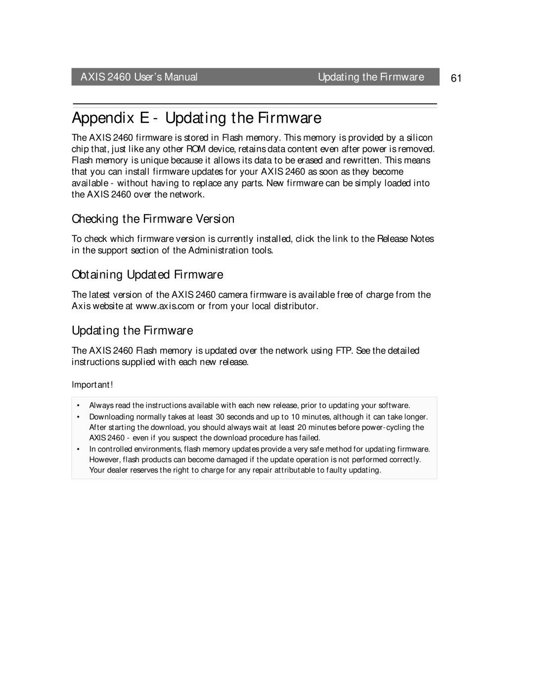 Axisoft Tech 2460 manual Appendix E Updating the Firmware, Checking the Firmware Version 