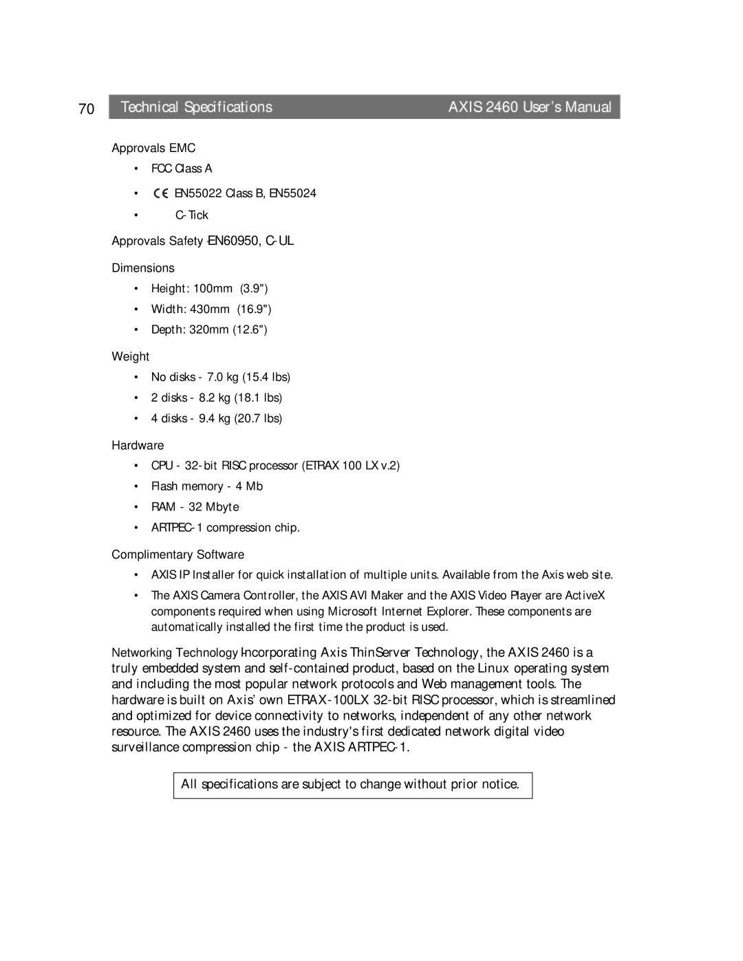 Axisoft Tech manual Technical Specifications Axis 2460 User’s Manual 