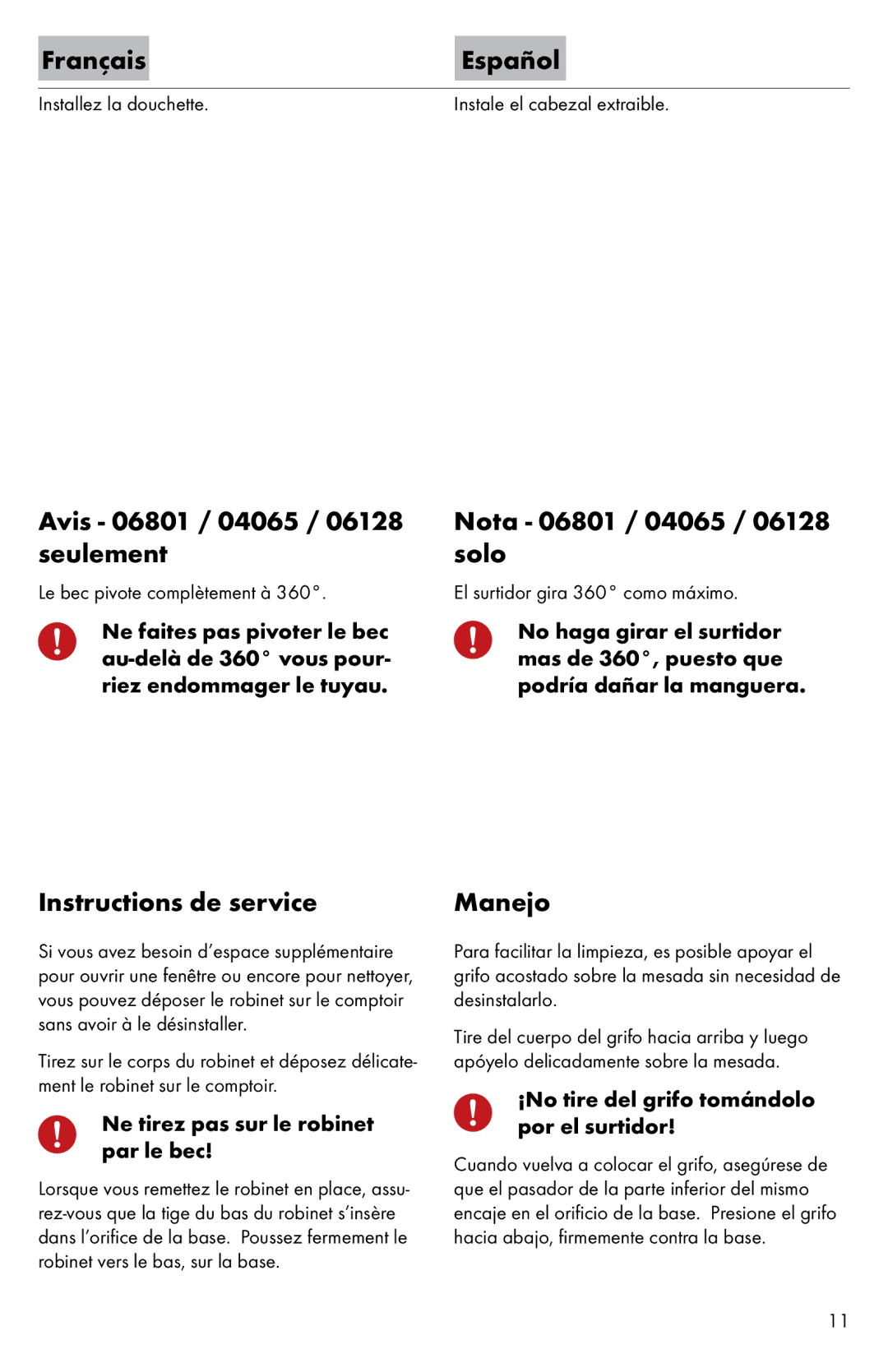 Axor 04065XX0 Avis 06801 / 04065 / 06128 seulement, Instructions de service, Nota 06801 / 04065 / 06128 solo, Manejo 