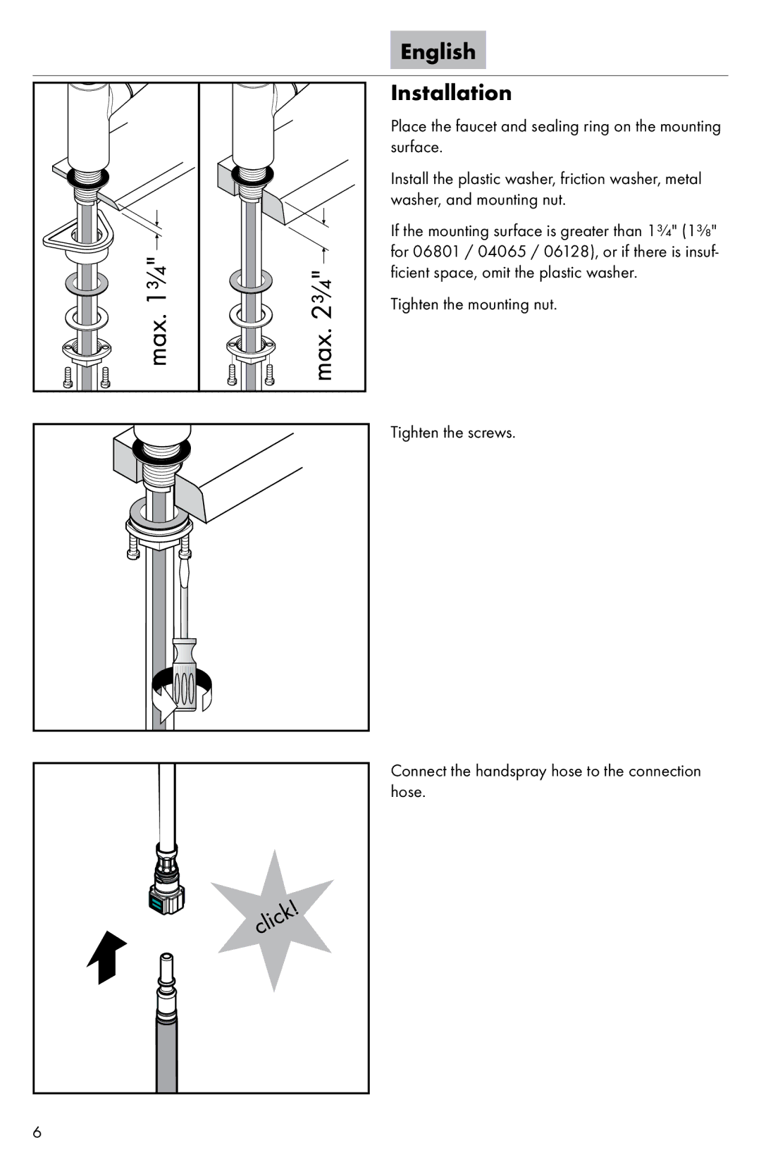 Axor 04065XX0 installation instructions English Installation, Place the faucet and sealing ring on the mounting surface 