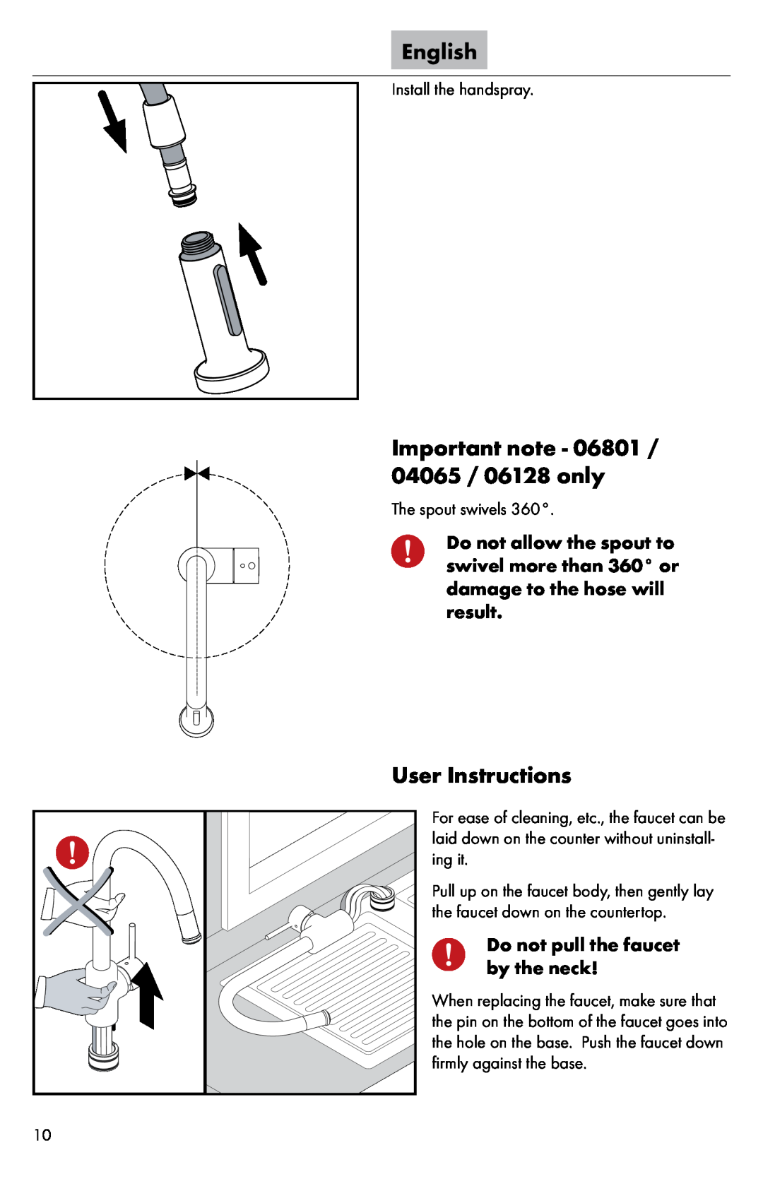Axor 04065XX0 Important note - 06801 / 04065 / 06128 only, User Instructions, Do not pull the faucet by the neck, English 
