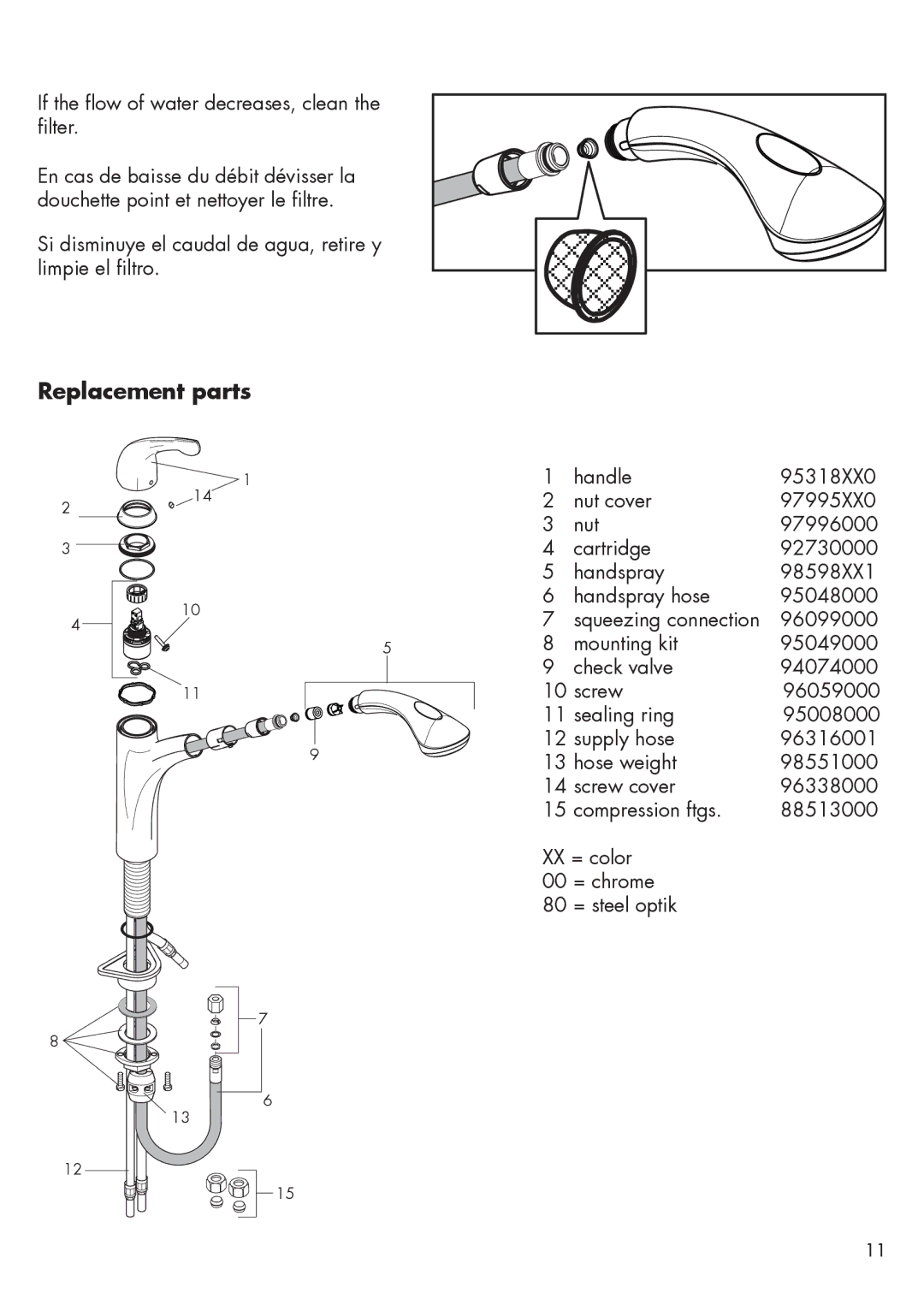 Axor 04076XX0 installation instructions Replacement parts 