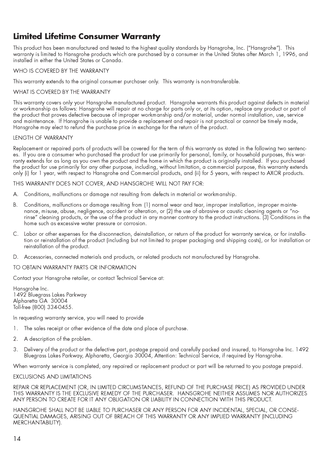 Axor 04076XX0 installation instructions Limited Lifetime Consumer Warranty, WHO is Covered by the Warranty 