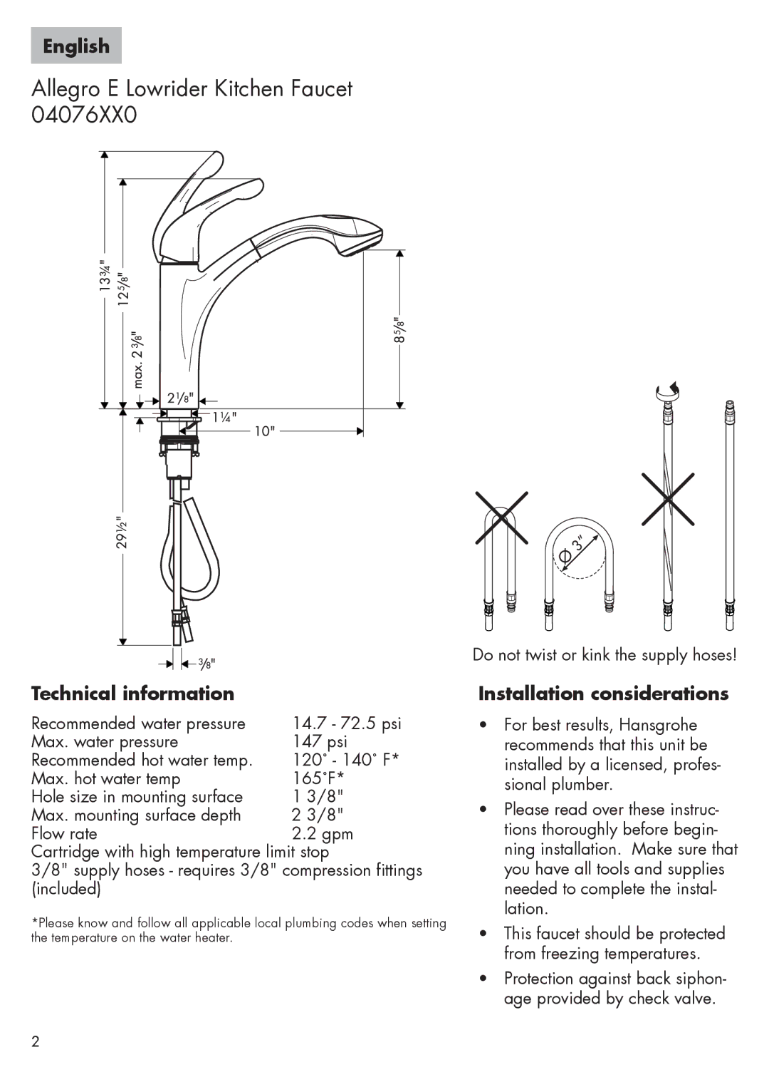 Axor 04076XX0 installation instructions English, Technical information, Installation considerations 