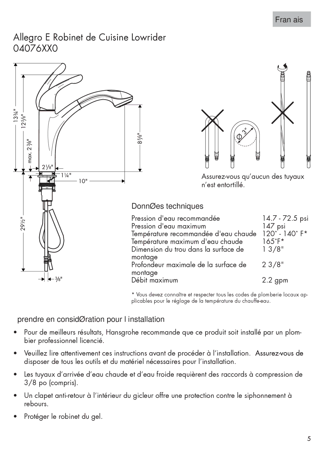 Axor 04076XX0 installation instructions Français, Données techniques, Prendre en considération pour l’installation 